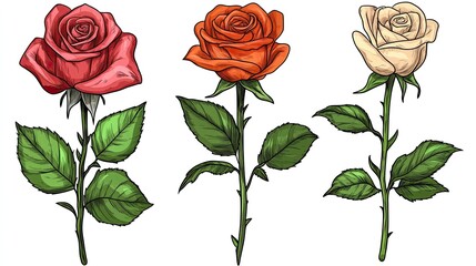 Wall Mural - Three roses in red, orange, and white colors with green leaves and thorns on a white background.