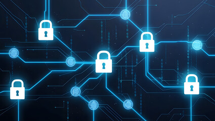 Wall Mural - digital illustration of cybersecurity network internet system web data centre protection padlock sym