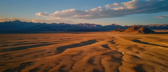 Drone perspective of a vast desert with distant mountain