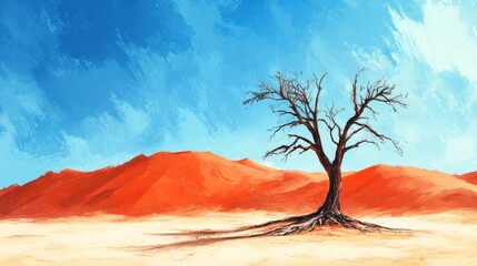 Lonely tree in a desert against a bright blue sky, digital painting. Solitude and resilience concept