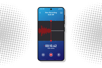 Voice recorder app smartphone interface vector template. Mobile utility page white design layout. Audio recording screen. Sound rec application flat UI. Microphone, pause, stop buttons phone display