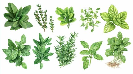 Wall Mural - watercolor illustration of a collection of fresh herbs on a white background.