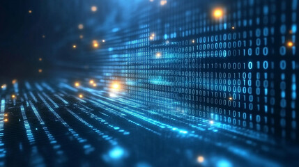 Vibrant digital streams of data illuminate the virtual landscape in deep blue and bright red hues. Abstract background representing software development and coding, technology, programming.