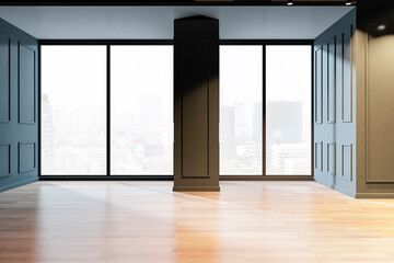 Canvas Print - Modern empty interior with large windows and city view. 3D Rendering