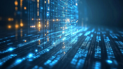 Vibrant digital streams of data illuminate the virtual landscape in deep blue and bright red hues. Abstract background representing software development and coding, technology, programming.