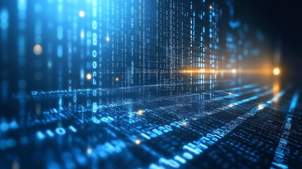 Vibrant digital streams of data illuminate the virtual landscape in deep blue and bright red hues. Abstract background representing software development and coding, technology, programming.
