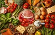 © kkkiim graphic - A vibrant arrangement of various types and colors of food surrounding the letters on a gray table. The composition features an assortment of vegetables, fish, eggs, nuts, chicken, asparagus, carrots
