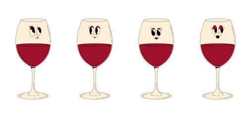 Set retro groovy characters summer cocktail. Funky alcohol beverage red wine glass with different emotions. Vintage vector illustration