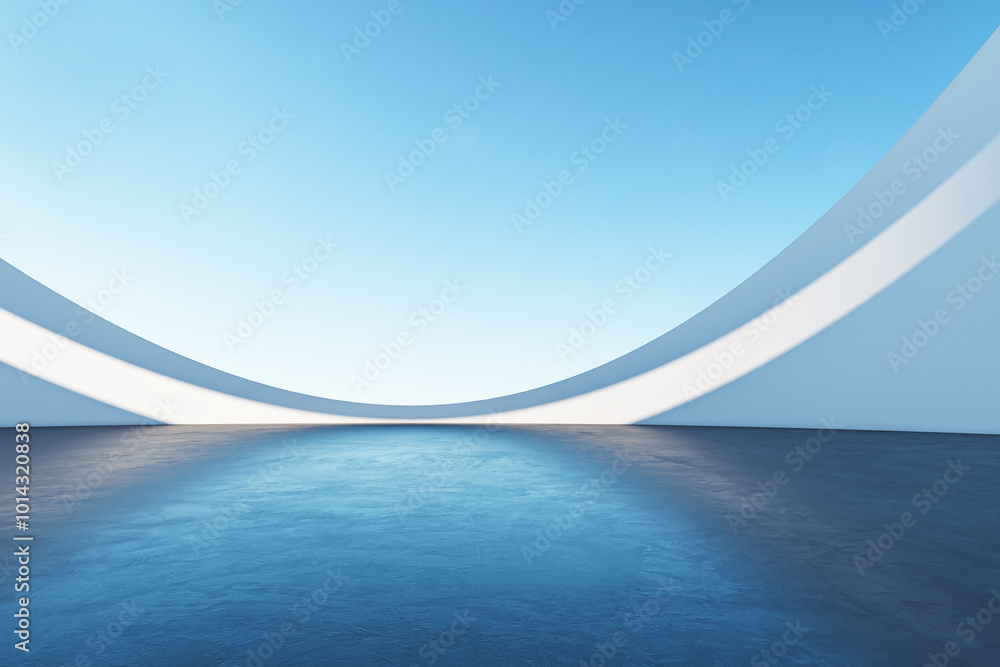 Futuristic abstract architecture with curved walls and blue floor. 3D ...