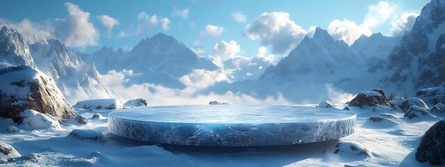Wall Mural - ice podium background snow winter product platform cold mountain 3d. podium ice display background c