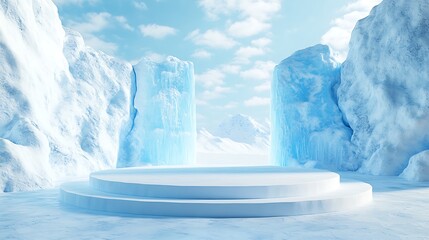 Wall Mural - ice podium background snow winter product platform cold mountain 3d. podium ice display background c