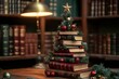 © Jullia - Festive Christmas Tree Made of Stacked Books in Cozy Library with Warm Lighting - Perfect Holiday Reading and Decor Inspiration