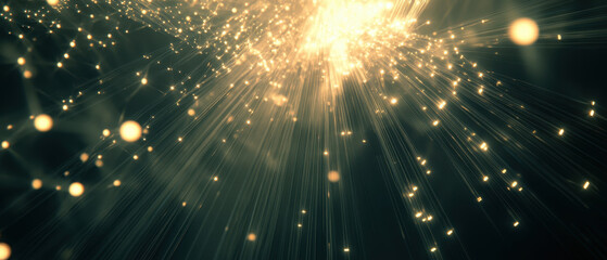 Wall Mural - mesmerizing display of light beams radiating from central point, creating sense of depth and energy. golden particles enhance dynamic atmosphere, evoking feeling of wonder and excitement