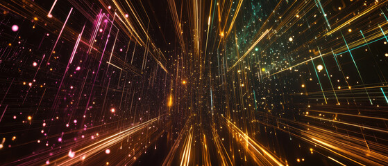 Wall Mural - Dynamic beams of light create mesmerizing virtual landscape filled with vibrant colors and sparkling particles, evoking sense of wonder and exploration