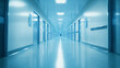 © Nenone - Background image of healthcare, hospital, clinic. Soft blue-toned hospital corridor, blurred perspective, clean modern interior,