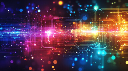 a colorful computer circuit board with many lights and dots on it's surface, Placa de Circuito Digital com Linhas Azuis Brilhantes.