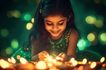 Wall Mural - Portrait of a young Indian girl in a festive green lehenga, excitedly playing with Diwali crackers, with a green to emerald gradient glowing backdrop, Indian traditional Diwali festival, Diwali 