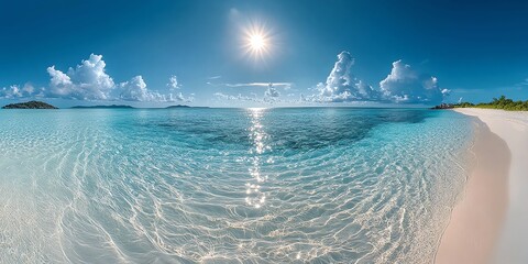 Clear blue water and white sandy beach with a bright sun in a cloudless sky.