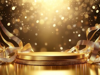 2408 67.A luxurious gold podium with a smooth, reflective surface, adorned with elegant flowing ribbons that cascade down the sides. Glittering light effects surround the podium, creating a halo of