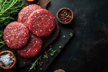 Wall Mural - Raw ground beef patties for grilling with salt and rosemary