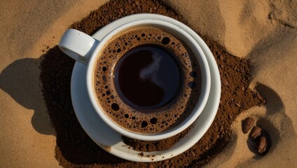 Simple coffee cup placed on a sandy surface without human presence visible