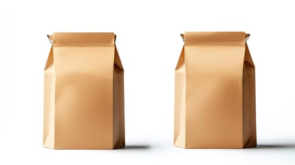 Brown paper bag packaging template, front and back views isolated on a white background for product mockup..