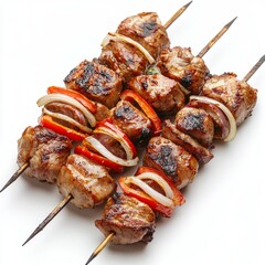 Wall Mural - Delicious grilled skewers consisting of marinated meat and colorful vegetables. Perfect for a summer barbecue or outdoor gatherings. Enjoy the smoky flavors and vibrant presentation. AI