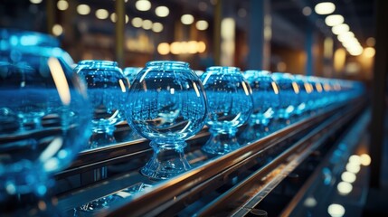 Poster - A conveyor belt carries a line of glass containers through an industrial factory setting, each container reflecting the surrounding lights and machinery.