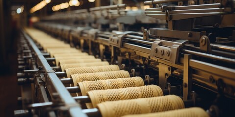 Poster - Close-up of a production line featuring a series of textured, cylindrical objects being processed by industrial machinery.