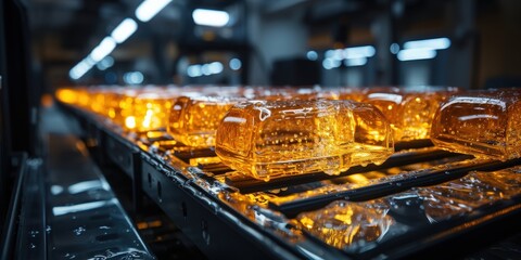 Poster - A close-up of a shiny, amber-colored substance flowing through a factory production line, illuminating the metal rails and reflecting light in a mesmerizing display