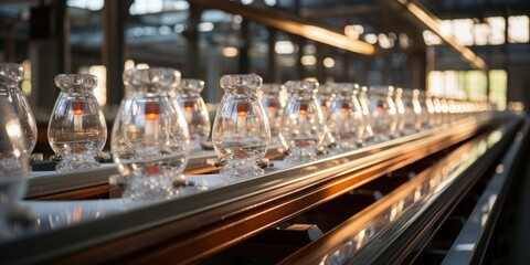 Poster - A row of glass vessels with internal lighting on a production line, reflecting light and creating a mesmerizing visual in a modern industrial setting.