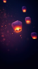 Colorful lanterns floating in the night sky, on a deep purple-to-black gradient, glowing softly with light. Copy space, Indian traditional festival happy Diwali background