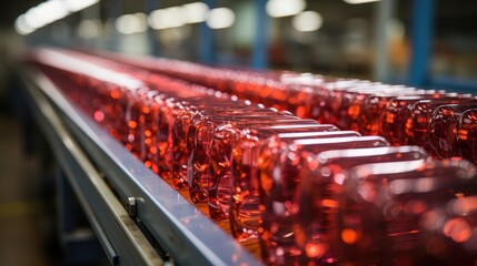 Poster - A Close-Up View of a Conveyor Belt Carrying Rows of Clear Red Bottles in a Factory Setting