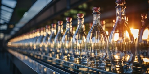Poster - A symphony of glass bottles illuminated by a warm sunset, each one reflecting a different shade of gold, creating a mesmerizing spectacle of light and transparency.