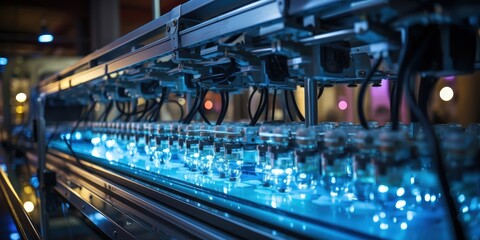Poster - A close-up view of a complex industrial conveyor belt, with a line of clear containers illuminated by a blue light, showcasing the precision and automation involved in modern manufacturing