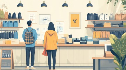 Wall Mural - Modern Retro Illustration of Clothing Store Owners in Minimalistic Design Shop with Fun Color Palette