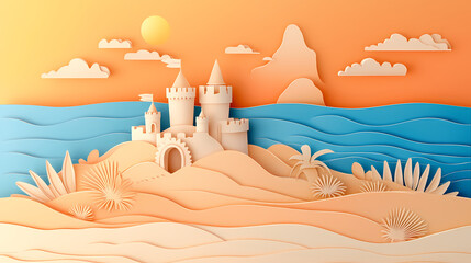 Paper art summer beach background with sand castle in sunset time view paper cut style vector