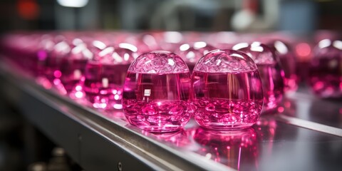 Poster - A row of pink, spherical containers filled with a liquid solution moves along a conveyor belt in a sterile environment.