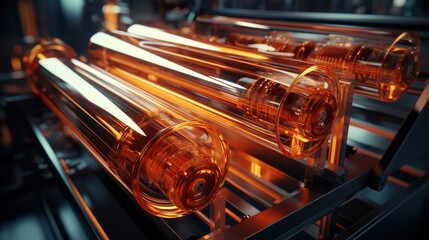 Poster - Industrial machinery with gleaming, amber-colored glass cylinders, reflecting light and highlighting complex internal mechanisms.