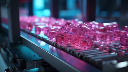 Poster - A Close-up View of Translucent Pink Cubes Moving Along a Conveyor Belt in a Modern Industrial Setting
