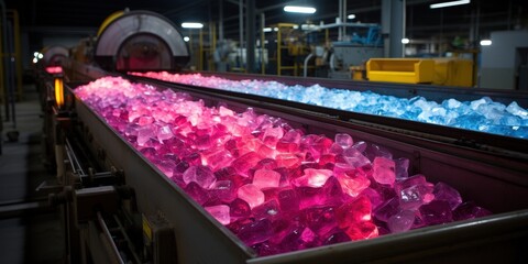 Poster - A factory conveyor belt transports a stream of glowing, translucent, pink and blue gem-like pieces in a manufacturing process.