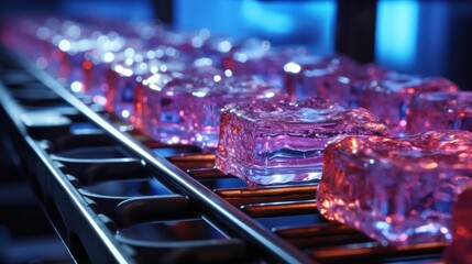 Poster - A Line of Shiny, Translucent Cubes on a Metal Conveyor Belt with a Blue and Purple Glow