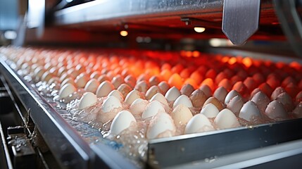 Poster - Eggs on a conveyor belt, moving through a processing plant, illuminated by warm, glowing lights.