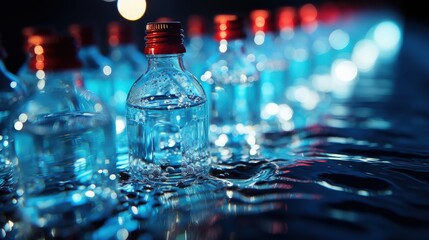 Poster - A single glass bottle with red cap submerged in still water with soft blue light and bubbles reflecting on the surface