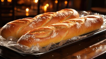 Two golden brown crusty baguettes resting on a wire rack, the warm glow of a nearby light reflecting on their surface.