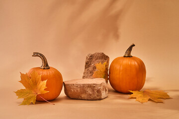 Autumn empty podium with autumn leaves and pumpkins.