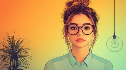 Wall Mural - Sleek Minimalistic Retro Portrait of Young Businesswoman in Office