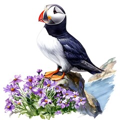 Wall Mural - Watercolor Painting of a Puffin on a Cliffside with Purple Flowers.