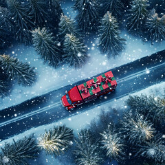 Aerial view of Christmas decorated truck carrying gifts in a winter forest covered with snow in snowfall.