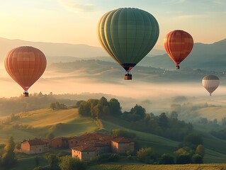 Four hot air balloons fly over a foggy, rural landscape at sunrise.